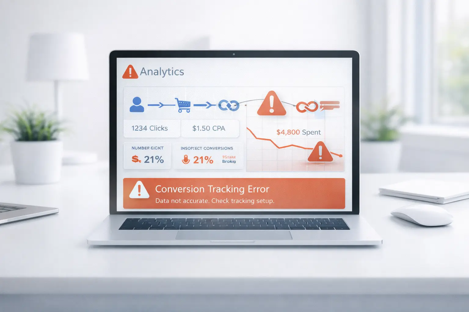 Conversion Tracking Fehler Darstellung mit fehlerhaften Daten und Analytics Dashboard
