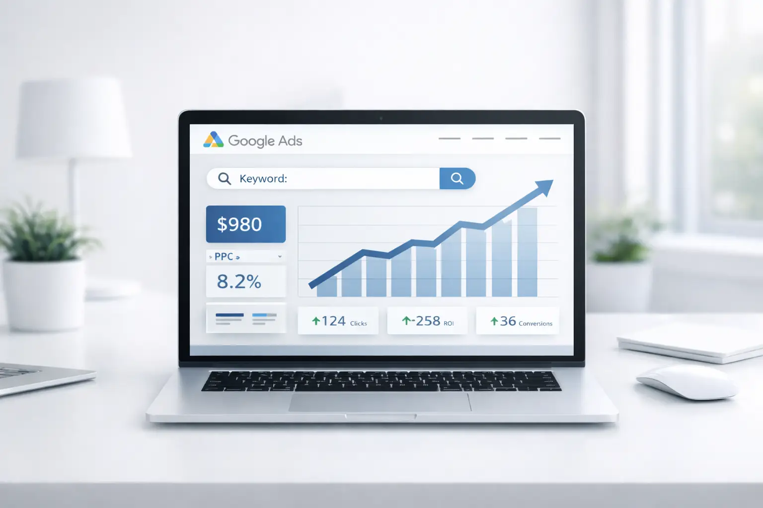 Google Ads Kampagne erstellen Konzept mit Laptop und PPC Marketing Dashboard