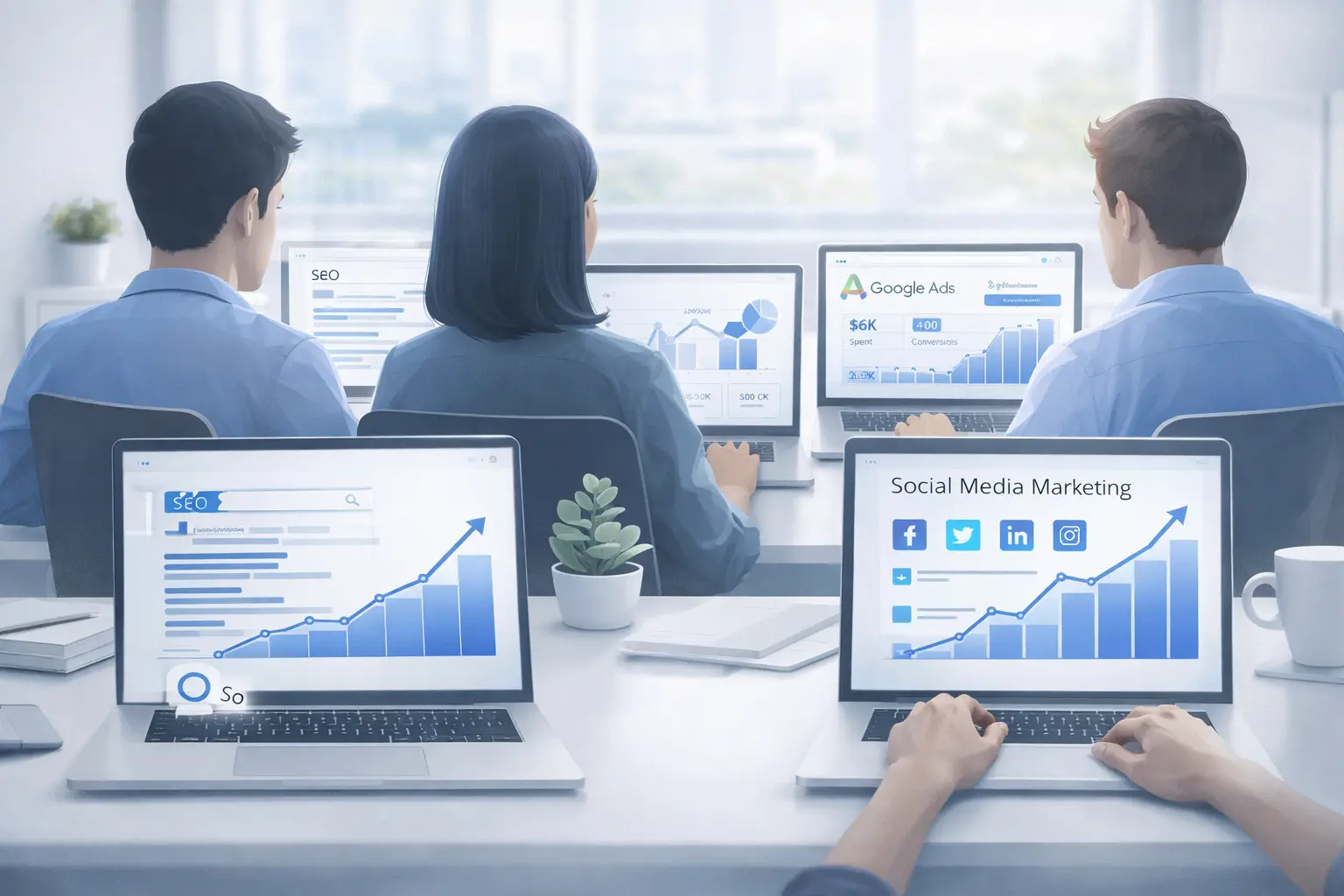 Online Marketing Agentur Team arbeitet an SEO, Google Ads und Analytics Strategien