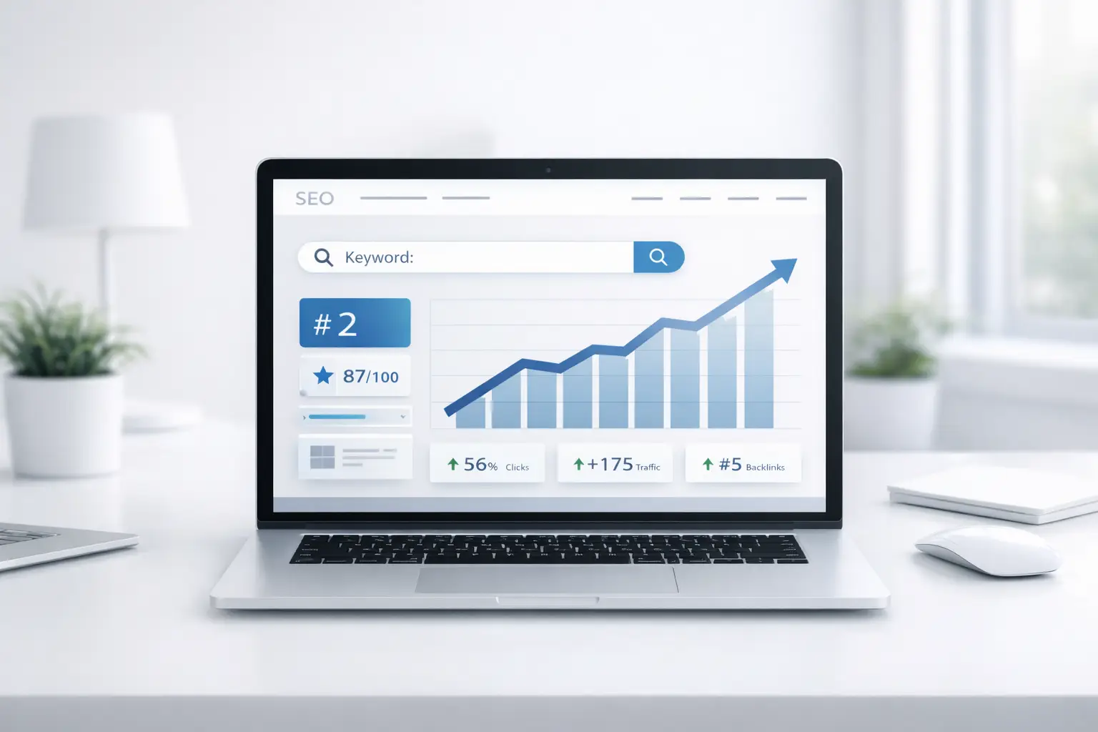 SEO Optimierung Konzept mit Laptop und Ranking Analyse Dashboard