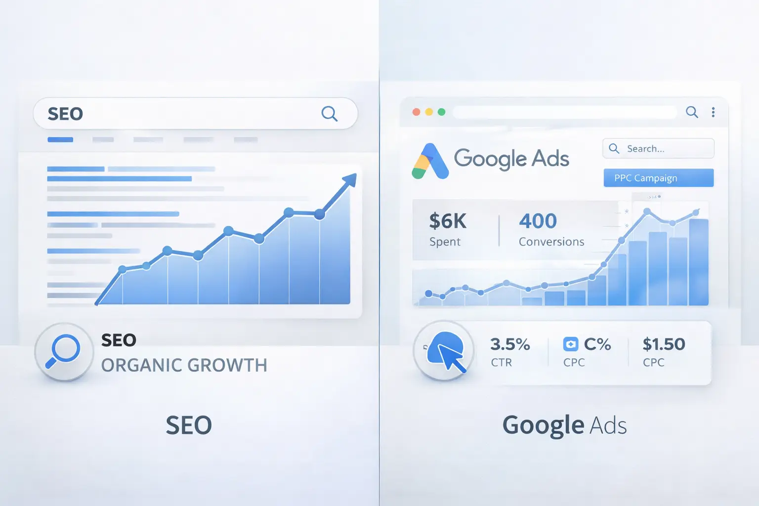 SEO vs Google Ads Vergleich mit organischem Wachstum und bezahlter Werbung