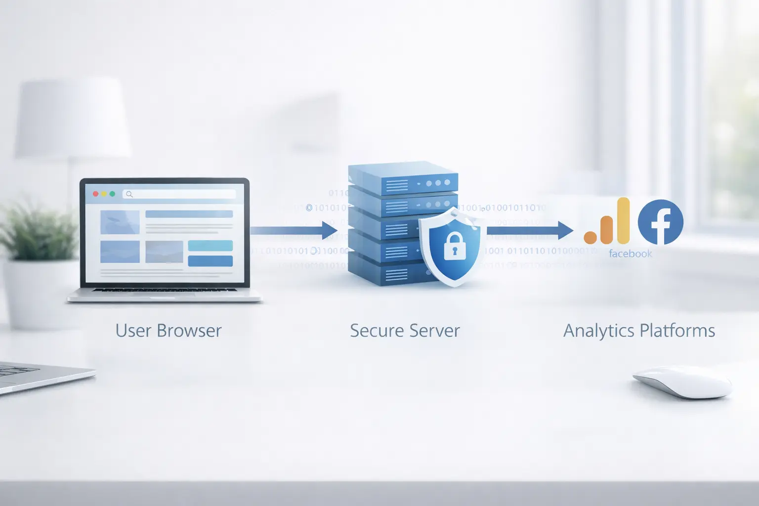 Server Side Tracking Visualisierung mit Datenfluss zwischen Browser, Server und Analytics Tools