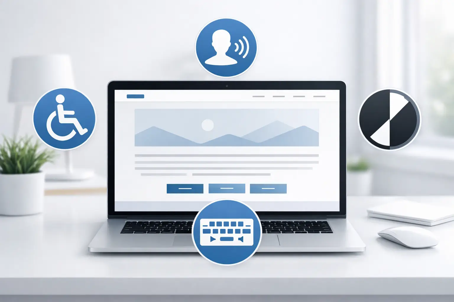 Barrierefreie Website Konzept mit Laptop und Accessibility Symbolen für inklusives Webdesign