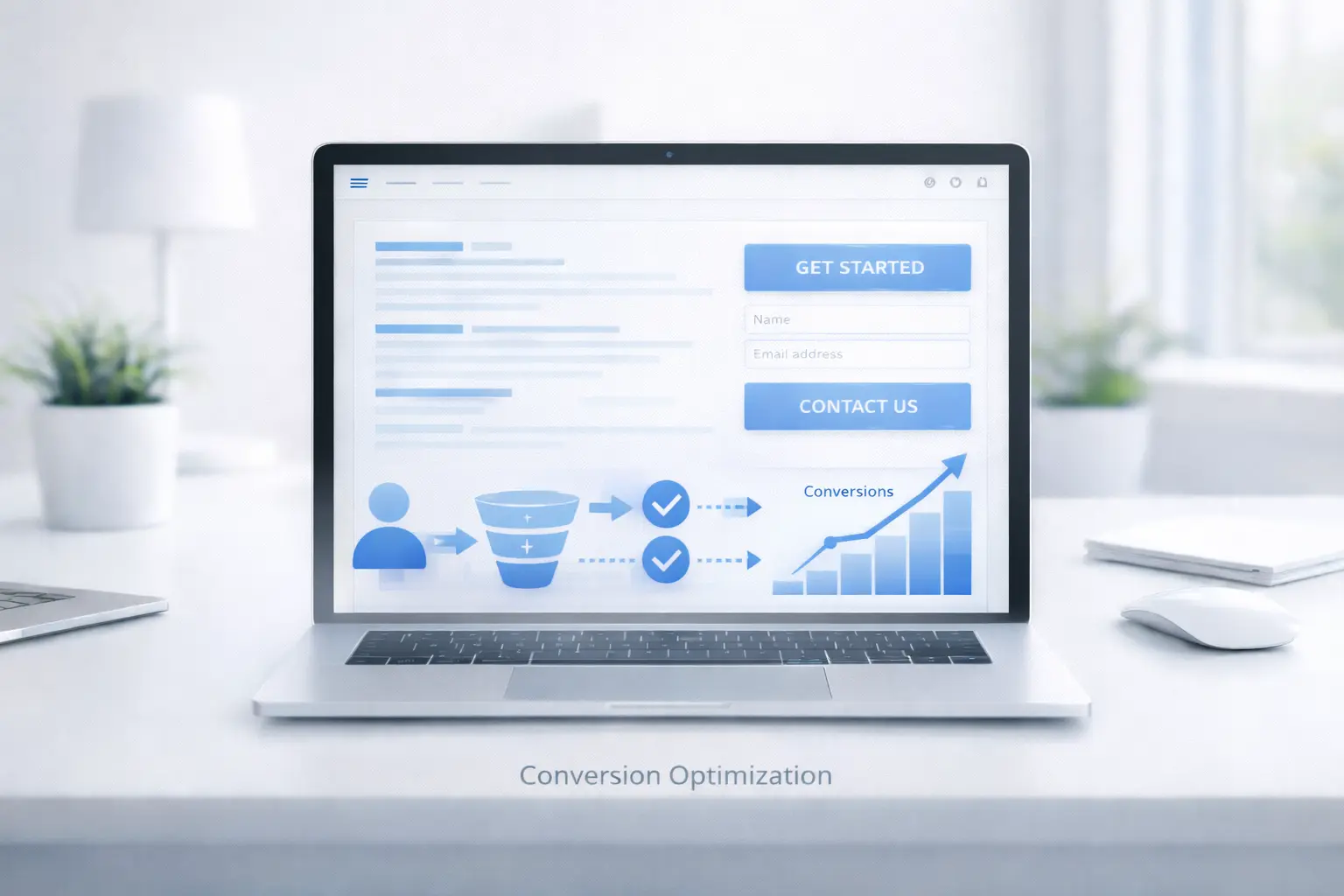 Conversion Optimierung Darstellung mit Website, Call-to-Action und steigender Conversion Rate