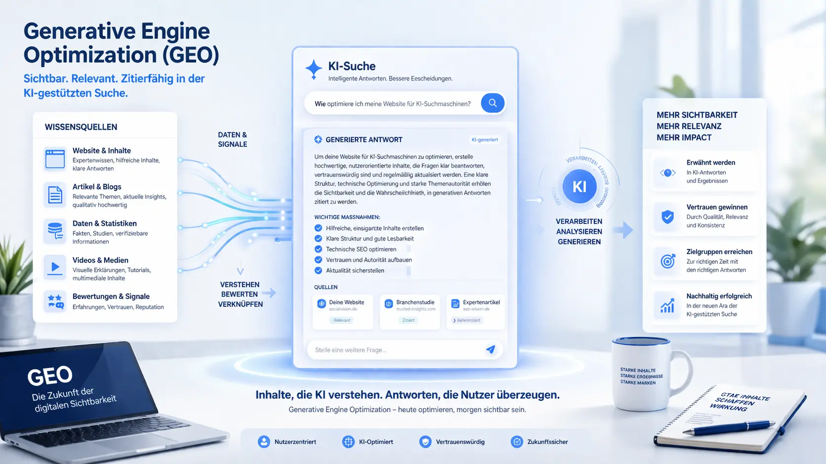 Generative Engine Optimization Darstellung mit KI-Suche und Content Analyse