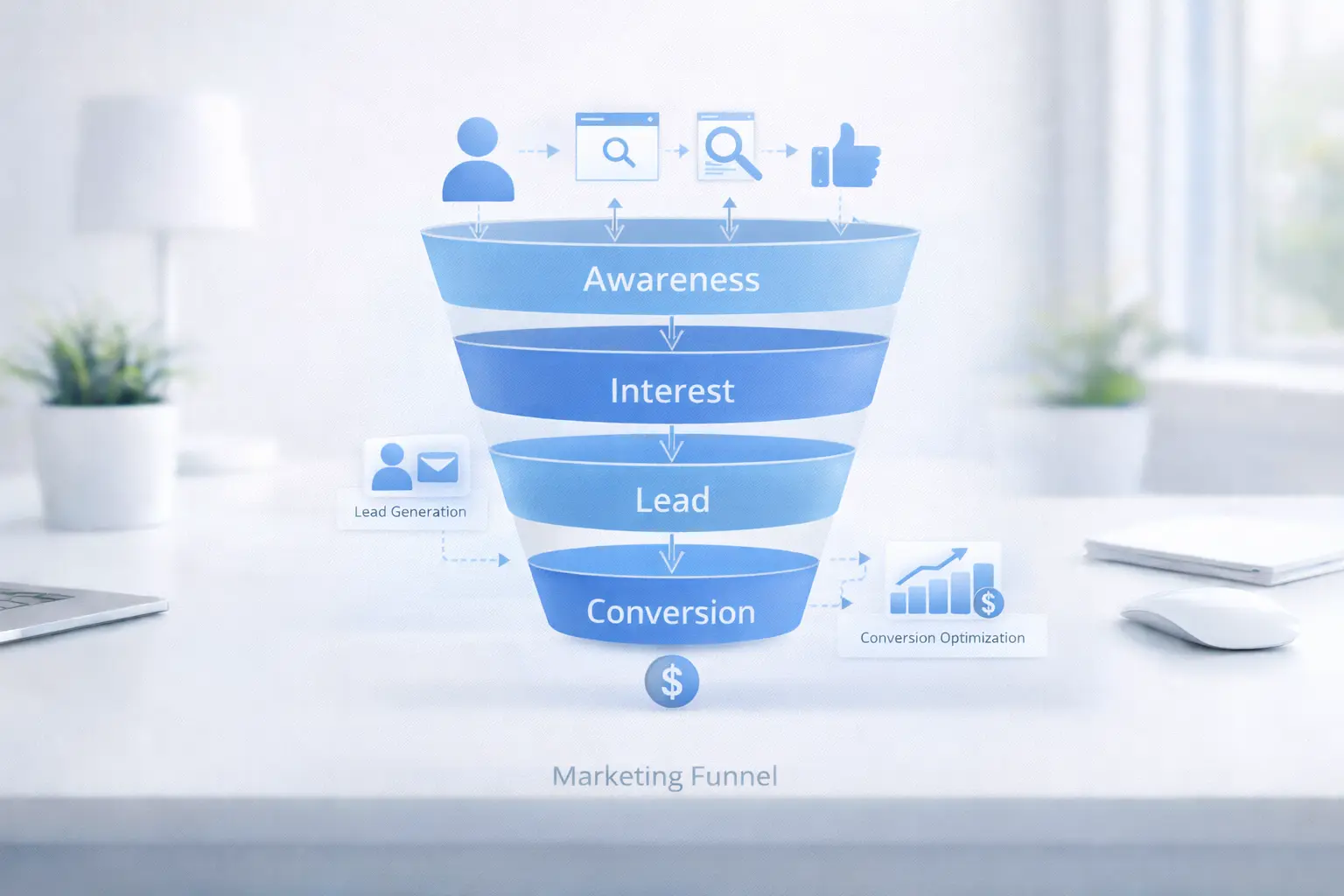 Marketing Funnel Darstellung mit Customer Journey und Conversion Prozess