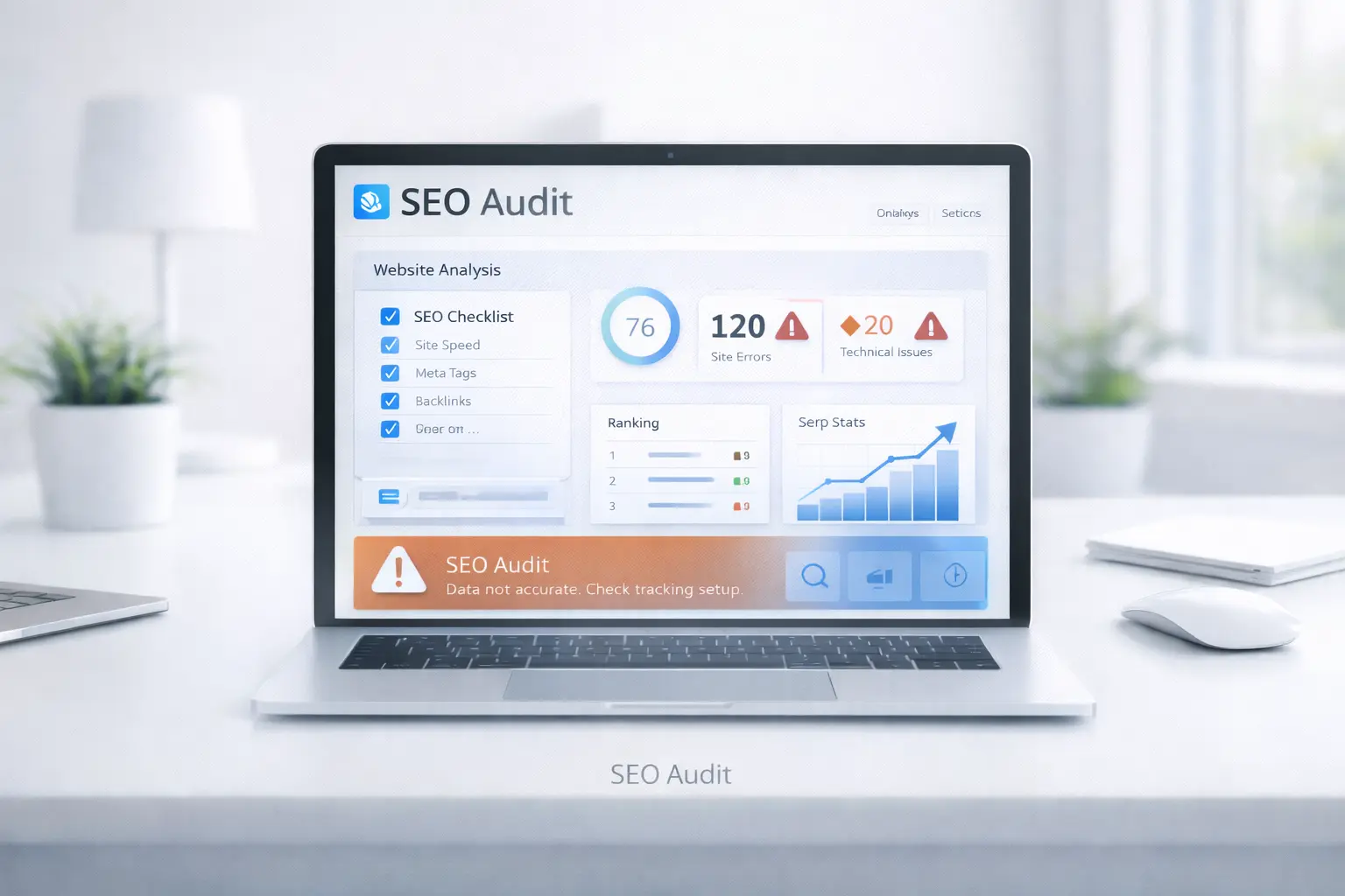 SEO Audit Darstellung mit Website Analyse, Checkliste und Ranking Diagrammen